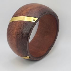 Chunky Wooden Bangle Bracelet With Gold Tone Accents Vintage